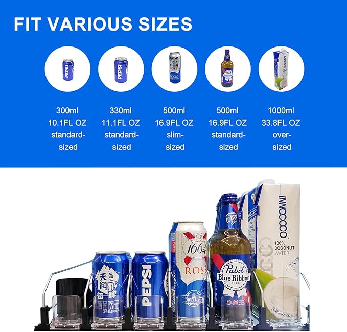 Drink Organizer for Fridge, Automatic Pusher Glide Soda Can Dispenser for Refrigerator, Width Adjustable Fridge Can Organizer for Fridge, Pantry, Kitchen, Vending Machine- Black, 6 Rows, 15.1"D