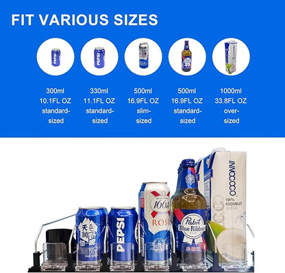 Drink Organizer for Fridge, Automatic Pusher Glide Soda Can Dispenser for Refrigerator, Width Adjustable Fridge Can Organizer for Fridge, Pantry, Kitchen, Vending Machine- Black, 6 Rows, 15.1"D