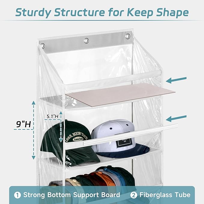 AOODA Clear Over the Door Hat Racks for Baseball Caps, Hold 48 Caps Hat Storage Organizer for Closet Wall, Deep Pockets Hanging Snapback Holder Shelves with 3 Hooks, White