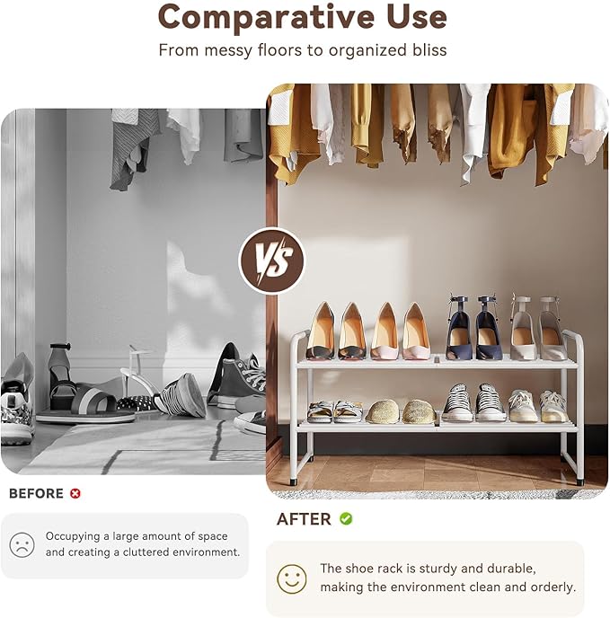 Standard Shoe Rack 2-Tier 32.5 Inches Wide, Free Standing Shoe Organizer for Indoor Outdoor | Adjustable Heavy-Duty Metal Shelf Ideal for Home Entryway Closet & Garage Balcony | White