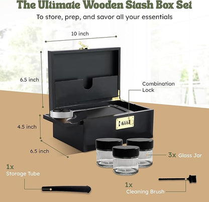 Smell Proof Stash Box with Lock & 5 Piece Accessory Kit – Black Bamboo Organizer with Removable Tray – Large Odor Proof Storage Case for Home or Travel
