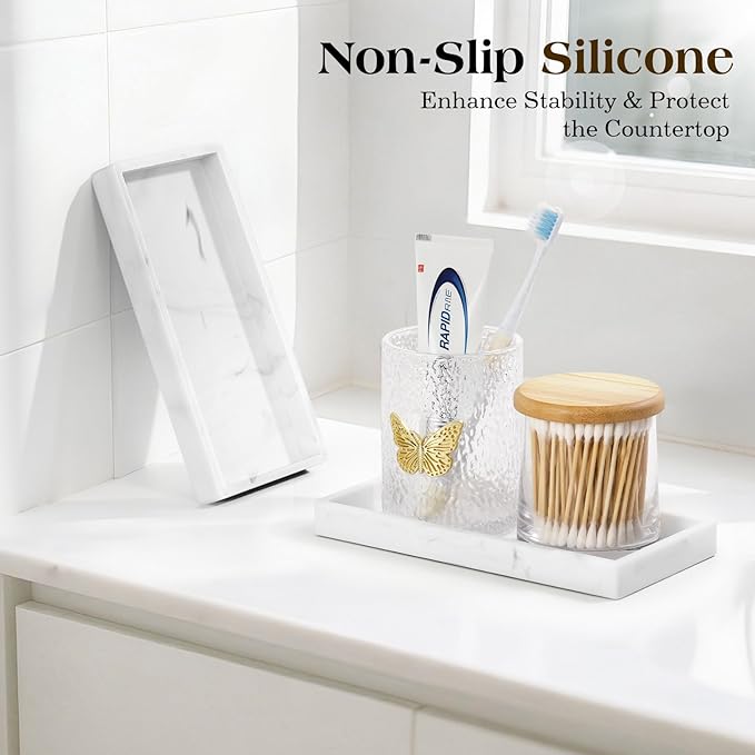 Luxspire Bathroom Vanity Tray - 2 Pack (7.9" x 4") Silicone Soap Dish for Kitchen Countertop, Bathroom Counter Tray for Soap Dispenser Perfume Jewelry Accessories, Marble White