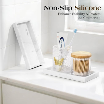 Luxspire Bathroom Vanity Tray - 2 Pack (7.9" x 4") Silicone Soap Dish for Kitchen Countertop, Bathroom Counter Tray for Soap Dispenser Perfume Jewelry Accessories, Marble White