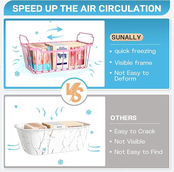SUNALLY Freezer Organizer Bins, 4 Pack Stackable Chest Freezer Organizer for 5-7 Cu.FT Deep Freezer Sort Frozen Meats and Food, Freezer Storage Baskets with Handles Easy Reach from Bottom, Pink
