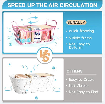 SUNALLY Freezer Organizer Bins, 4 Pack Stackable Chest Freezer Organizer for 5-7 Cu.FT Deep Freezer Sort Frozen Meats and Food, Freezer Storage Baskets with Handles Easy Reach from Bottom, Pink