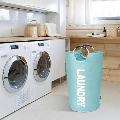 DOKEHOM 90L Large Laundry Basket, Collapsible Laundry Bag, Freestanding Tall Clothes Hamper, Foldable Washing Bin (Light Blue)