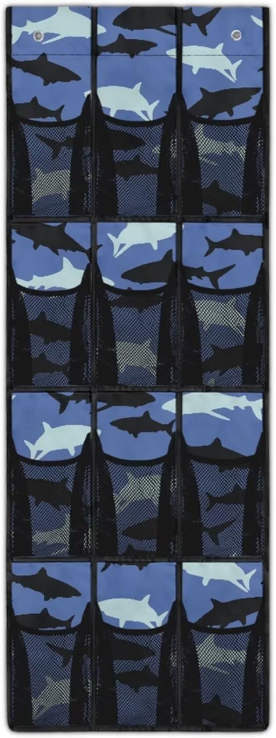 12-Pocket Behind The Door Storage Organizer, Oxford Material Waterproof Foldable and Designed for Bathroom Pantry or Bedroom Use, Blue Black Shark
