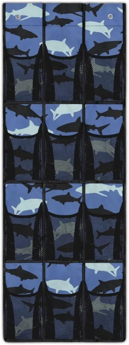 12-Pocket Behind The Door Storage Organizer, Oxford Material Waterproof Foldable and Designed for Bathroom Pantry or Bedroom Use, Blue Black Shark