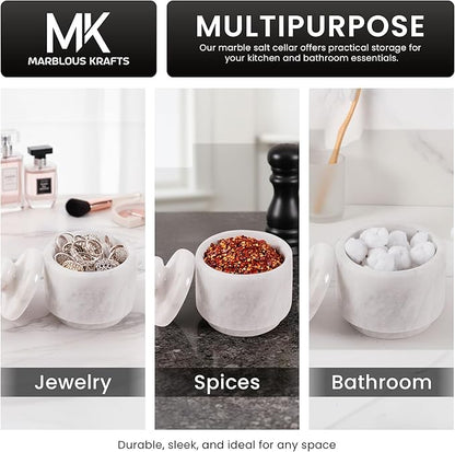 MARBLOUS KRAFTS Set of 3 Marble Salt Cellars with Lids 3" Inch White Salt Holders for Kitchen, Dining, Spices, or Gifts, Modern, Practical Storage for Salt & Spices in Any Kitchen or Dining Room.