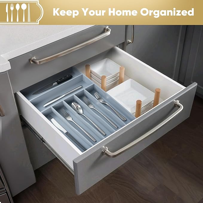 Silverware Organizer, 12.5 Inch Utensil Organizer Kitchen Drawer Organizer Bamboo Silverware Holder Cutlery Tray Organizer in Drawer Flatware Organizer Tray(7 slots, Gray