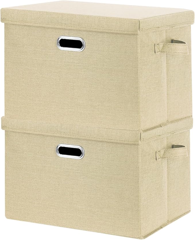 SNWDN 2 Pack Large collapsible Fabric Storage Bins with Lids Fabric storage box with lids for Household and office use (Beige 17.3x11.4x11.8 inches)