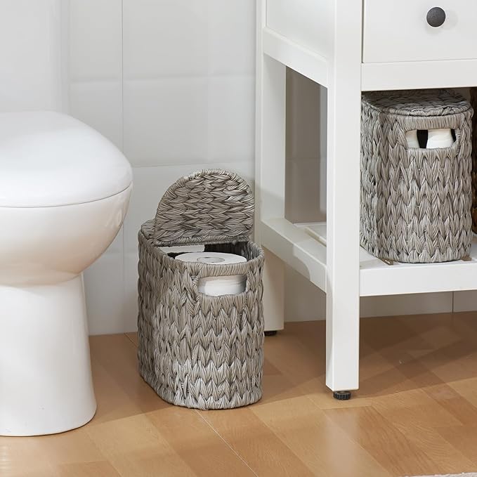 Toilet Paper Storage with Double Lid, Toilet Paper Basket for Storage, Waterproof & Freestanding Tissue Holder for Bathroom, 4 Rolls, Grey