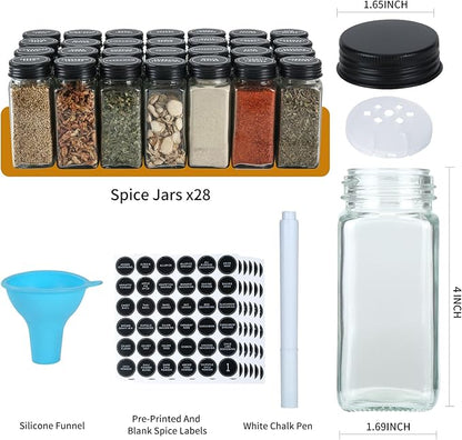 Skiileor Spice Rack Organizer with 28 Spice Jars, Black Lids，Spice Labels, Chalk pen and Funnel Set for Cabinet, Countertop, Pantry, Cupboard or Wall Mount