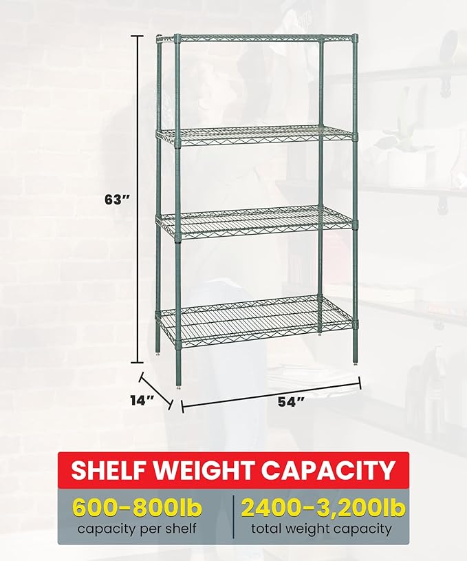 Quantum Storage Systems WR63-1454P Wire Shelving Starter Kit, 54" W x 14" D x 63" H, 600 lbs Capacity, Carbon Steel, Epoxy Coated, Green, NSF