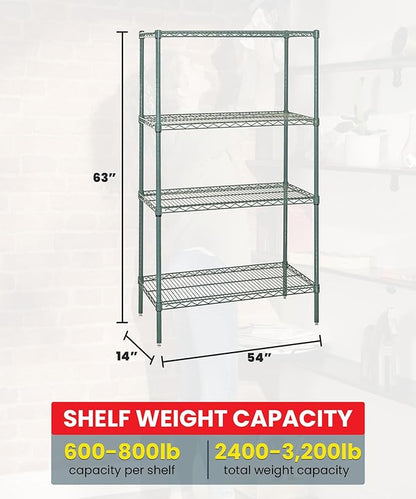 Quantum Storage Systems WR63-1454P Wire Shelving Starter Kit, 54" W x 14" D x 63" H, 600 lbs Capacity, Carbon Steel, Epoxy Coated, Green, NSF
