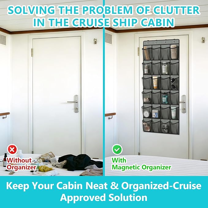 Esoes Cruise Ship Magnetic Door Organizer, 24 Pockets Magnetic Behind the Door Shoe Rack-4 Strong Anti-Scratch Magnets, Over the Door Organizer Cruise Essentials Storage for Cruise Cabin Travel