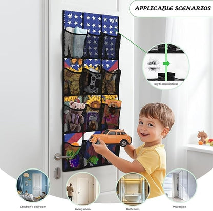 12-Pocket Hanging Storage Bag Behind the Door, Over the Door Organizer Space Saving Storage for Bedroom Closet or College Dorm, American Flag Sunflower
