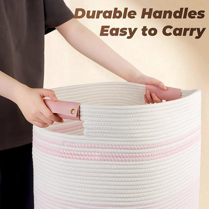 AINUOQI Laundry Basket with Handles - Blanket Basket & Hampers for Bedroom Aesthetic, Laundry Hamper & Blanket Storage for Living Room, Clothes Hamper, Tall, Large 17" x 14" x 22”, Pink & White