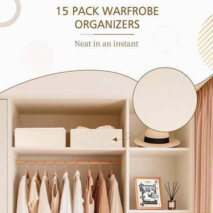 Criusia 15 Pack Drawer Organizer for Clothes, Foldable Dresser Dividers with 3 Sizes, Fabric Storage Bins – Beige