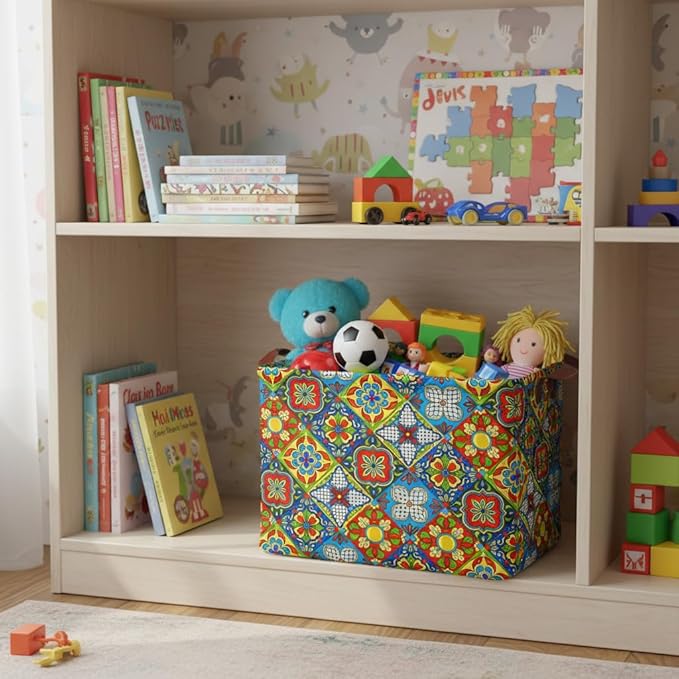 Mexican Talavera Decor Storage Basket Waterproof Canvas Toy Storage Bin Mexican Decor For Home Collapsible Outdoor Basket with Leather Handles Mexican Gifts Blanket Baskets For Closets,Bedrooms