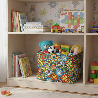 Mexican Talavera Decor Storage Basket Waterproof Canvas Toy Storage Bin Mexican Decor For Home Collapsible Outdoor Basket with Leather Handles Mexican Gifts Blanket Baskets For Closets,Bedrooms