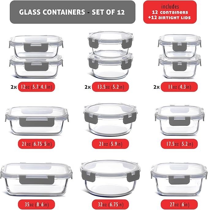 EATEX 24pc Glass Storage Containers with Lids, 12 Glass Food Storage Containers with 12 Airtight Lids for Pantry & Kitchen, Meal Prep Containers for Lunch, Oven Freezer Microwave & Dishwasher Safe