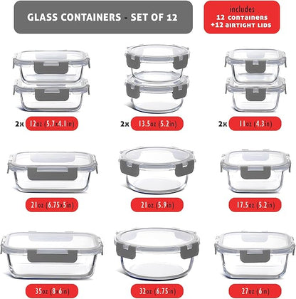 EATEX 24pc Glass Storage Containers with Lids, 12 Glass Food Storage Containers with 12 Airtight Lids for Pantry & Kitchen, Meal Prep Containers for Lunch, Oven Freezer Microwave & Dishwasher Safe