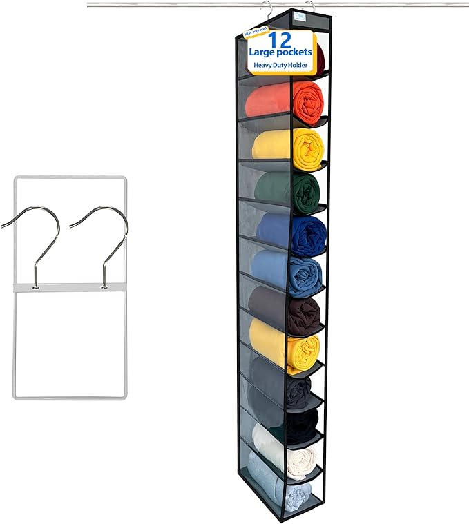 Legging Organizer for Closet Hanging, Legging Storage Bag Can Holds 24 Leggings Jeans or Shirts, Heavy Duty Metal Hooks for Over Door Storage, Wardrobe Clothes Storage