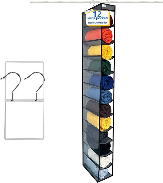 Legging Organizer for Closet Hanging, Legging Storage Bag Can Holds 24 Leggings Jeans or Shirts, Heavy Duty Metal Hooks for Over Door Storage, Wardrobe Clothes Storage