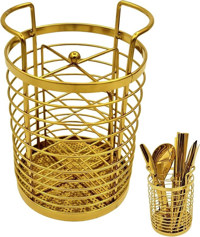 ZECNG Gold Kitchen Divided Organizer, Kitchen Countertop Holder for Serving Utensils, Stainless Steel Mesh Storage Baskets for Holding Knife Fork Spoon