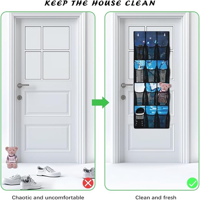 Blue Butterfly Hanging Storage Shoe Organizer for Closet 12 Mesh Pockets Over The Door Wall Closet Holder for for Boots & Sneakers Toys