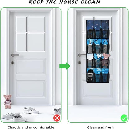 Blue Butterfly Hanging Storage Shoe Organizer for Closet 12 Mesh Pockets Over The Door Wall Closet Holder for for Boots & Sneakers Toys