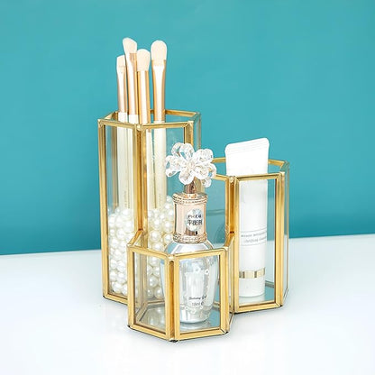 JIARI Glass Makeup Brush Holder, 3 Slots Gold Hexagon Cosmetics Organizer, Desktop Pen Pencil Pot for Office Home (Hexagon-3 Slot)