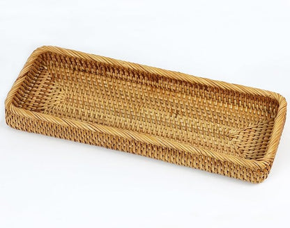 Rattan Bathroom Tray Countertop, Wicker Toilet Tank Basket, Decorative Bathroom Vanity Tray for Decor Coffee Table