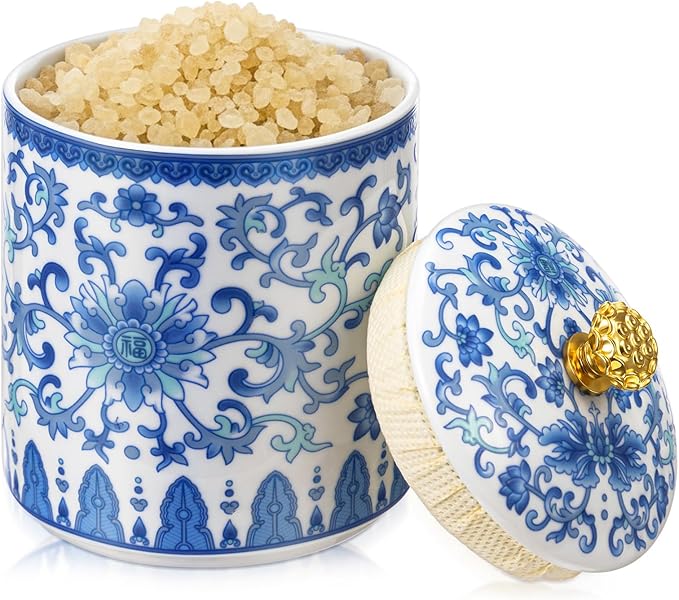 1 Pc Vintage Chinese Ceramic Porcelain Salt Cellar with Lid Ceramic Salt Holder Container for Coffee, Sugar, Spices and Candies, Airtight Spice Jar, Kitchen Storage Dish (Lotus in Vine)
