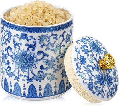 1 Pc Vintage Chinese Ceramic Porcelain Salt Cellar with Lid Ceramic Salt Holder Container for Coffee, Sugar, Spices and Candies, Airtight Spice Jar, Kitchen Storage Dish (Lotus in Vine)