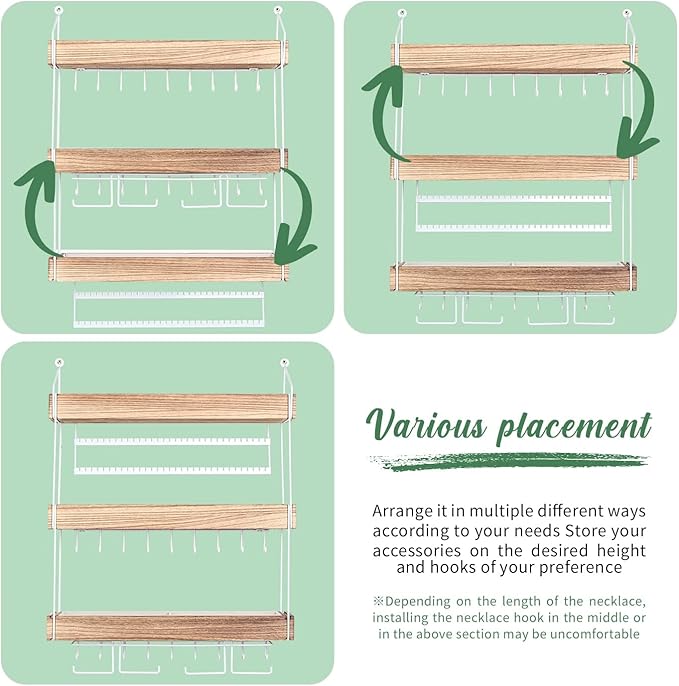 J JACKCUBE DESIGN Wall Mounted 3 Tier Wooden Jewelry Organizer Rack with Accessories Storage Shelf and 18 Metal Earring, Necklace Hooks- MK907A