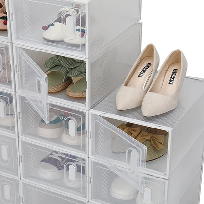 18 Pack Large Shoe Storage Boxes Organizers Clear Plastic Stackable, Modular Space Saving Shoe Boxes Sneaker Storage for Sneakerheads,Toy Storage Organizer Bins for Entryway, Closet, Under Bed, White