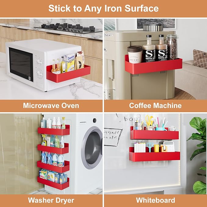Mystozer Magnetic Spice Rack for Refrigerator, Kitchen Organizer and Storage Shelf, Red (4 Pack)…