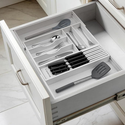 9-Piece Bamboo Kitchen Drawer Organizer Set, Expandable Silverware &Utensil Organizer with Removable Knife Block & Steak Knives, Flatware Organization, Tableware Dividers Storage(White)
