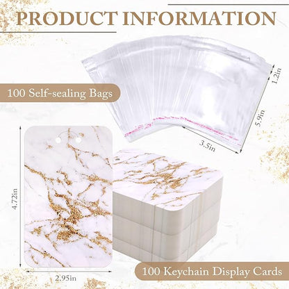 ZYNERY 100 PCS Display Cards with Self-Sealing Bags, 3 x 4.7 Inch Keychain Holder, Packaging Supplies for Displaying Jewelry (Marble White)