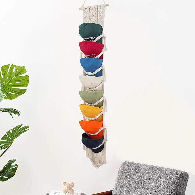 Macrame Cap Holder, Boho Hats Organizer for Baseball Caps, Hat Rack for Wall Hanging Decoration, Cap Rack for Collection Display, Handmade Cap Hanger Storage Organizer (Eight hats)