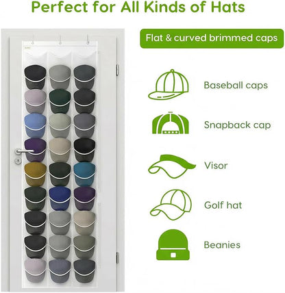 Baseball Hat Rack, 24 Pocket Over-The-Door Hat Organizer with Clear Deep Pockets to Display Baseball Caps Collection, Complete with 3 Over Door Hooks (White, 30 Pockets)
