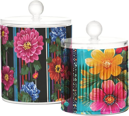 2 Pack Qtip Dispenser Apothecary Jars with Lids Cotton Round Holder Bathroom Canisters for Cotton Swab Floss Ball Pads Clear Plastic Decorative Fiesta Striped Mexican Flowers