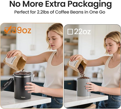 Veken Coffee Canister, 39OZ Large Christmas Coffee Lovers Gift Basket Set,Airtight Stainless Steel Food Storage Kitchen Container Gifts for 2.2lbs Beans, Ground, Sugar, Tea, Flour, Cereal,Scoop,Black