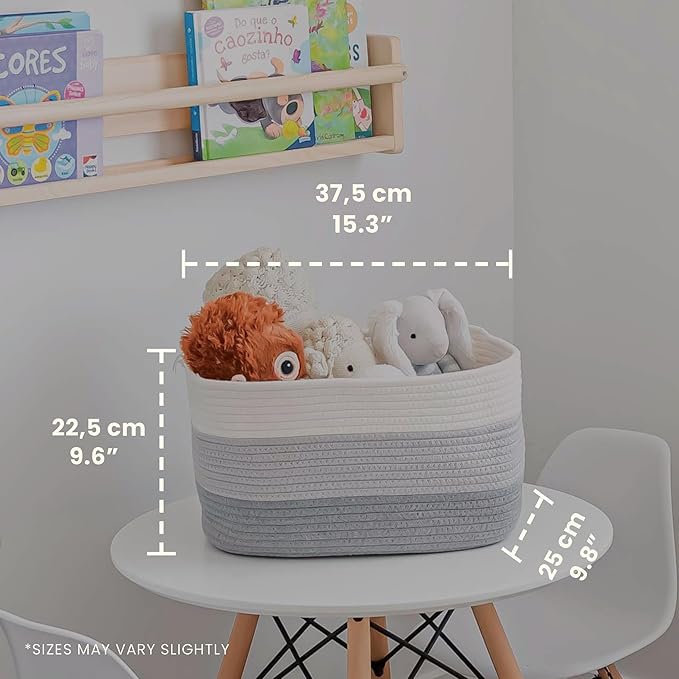 3-Toned Gray Cotton Rope Basket for Shelf Storage - 15"×10"×9½" - Woven Decorative Basket for Organizing - Closet, Nursery, Bedroom - Toys, Books, Towels, Clothes