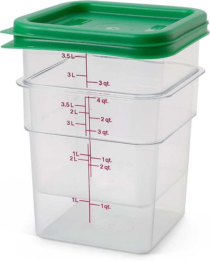 Cambro Food Storage Container with Lid (2 Pack) - Classic Series Square with Green Lid - 4 QT (Quart) - Commercial Grade for Food Prep (Clear)