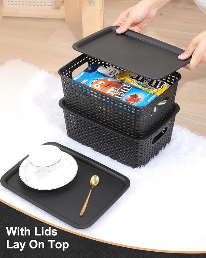 Storage Bins Plastic Storage Baskets With Lid Small Baskets for Organizing Stackable Storage Container Organizer Bins for Shelves Drawers Desktop Playroom Classroom Office, 6 Pack,Black