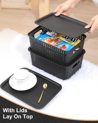 Storage Bins Plastic Storage Baskets With Lid Small Baskets for Organizing Stackable Storage Container Organizer Bins for Shelves Drawers Desktop Playroom Classroom Office, 6 Pack,Black
