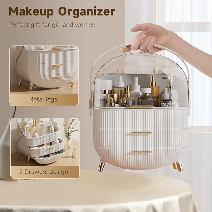BTGGG Makeup Organizers, Make Up Organizer for Vanity, Countertop Cosmetic Storage with Drawers and Transparent Cover for Bedroom Bathroom, White